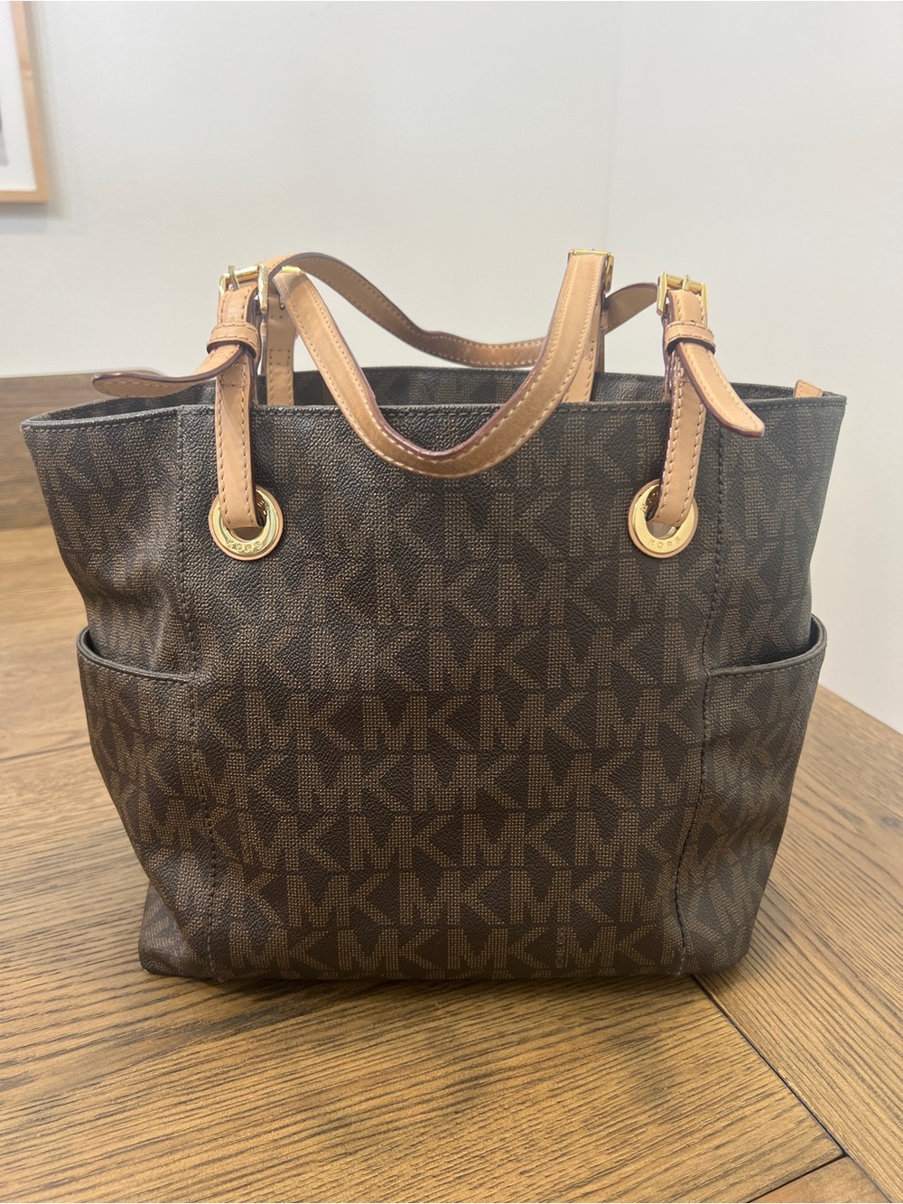GUC Michael Kors Brown MK Logo Tote with Tan Leather Handles